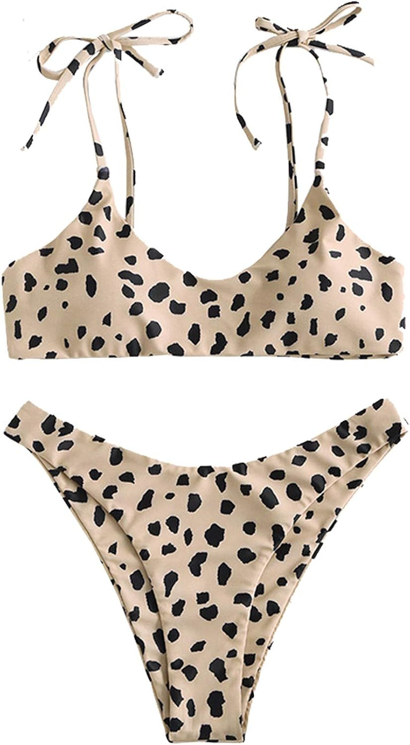 Sechico Women Tie Shoulder Ribbed Bikini Set Padded Strap Swimsuit | Amazon (US)