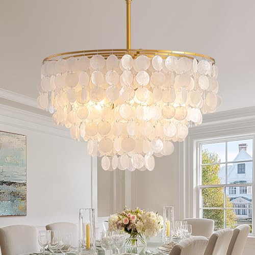 Tinkoso 24" Capiz Shell Chandelier, Gold Coastal Ceiling Light with Adjustable Chain, 7-Light E12 Hanging Fixture for Dining Room Kitchen Living Room Bedroom Foyer Entryway | Amazon (US)