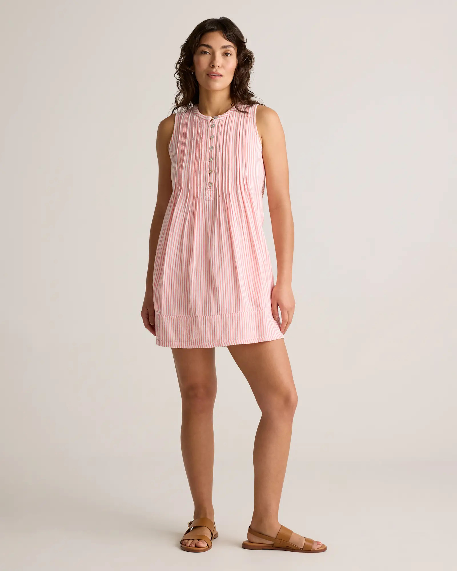 100% Organic Cotton Gauze Sleeveless Swing Dress in Bayside Stripe Coral/white | Quince