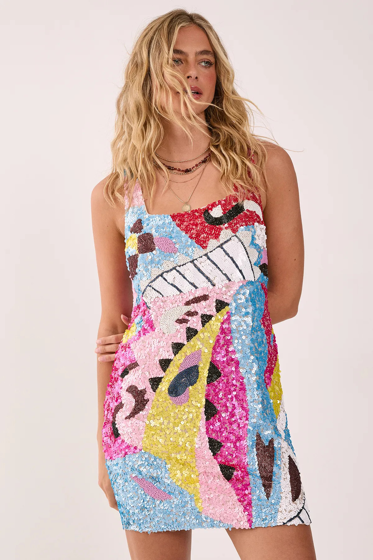 Multi Abstract Placement Embellished Square Neck Mini Dress | Nasty Gal | NastyGal UK