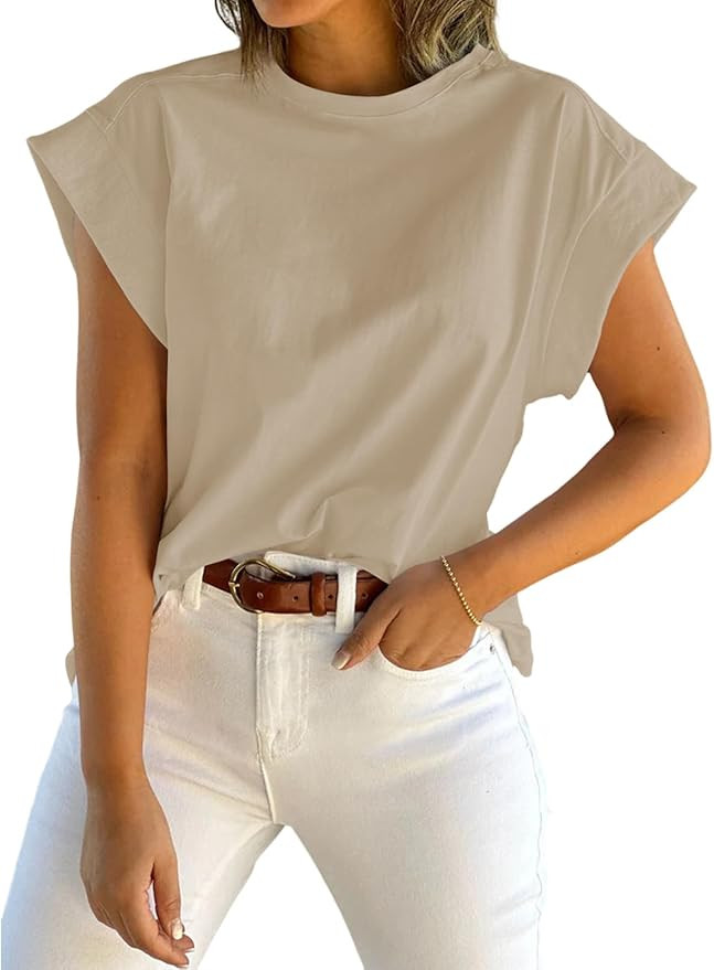 Tankaneo Womens Summer Cap Sleeve Tank Top Crew Neck Solid Casual Loose Fit Basic Tee Shirt | Amazon (US)