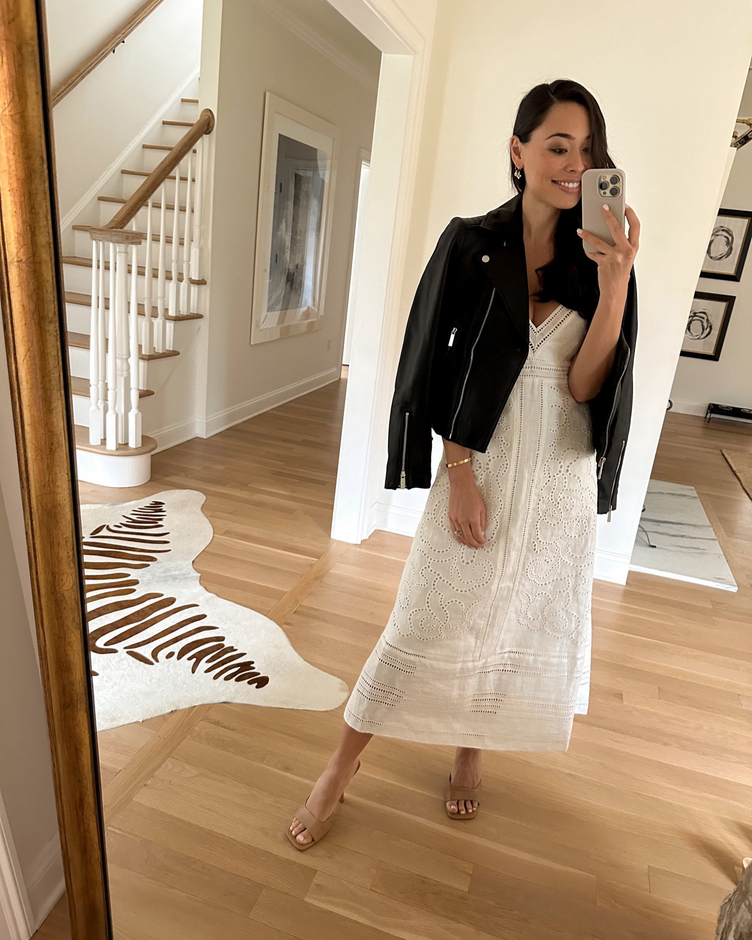 A leather jacket and white eyelet midi dress. ALC dress, white dress, spring outfit, neutral mule sandal. 

#LTKshoecrush #LTKstyletip #LTKSeasonal
