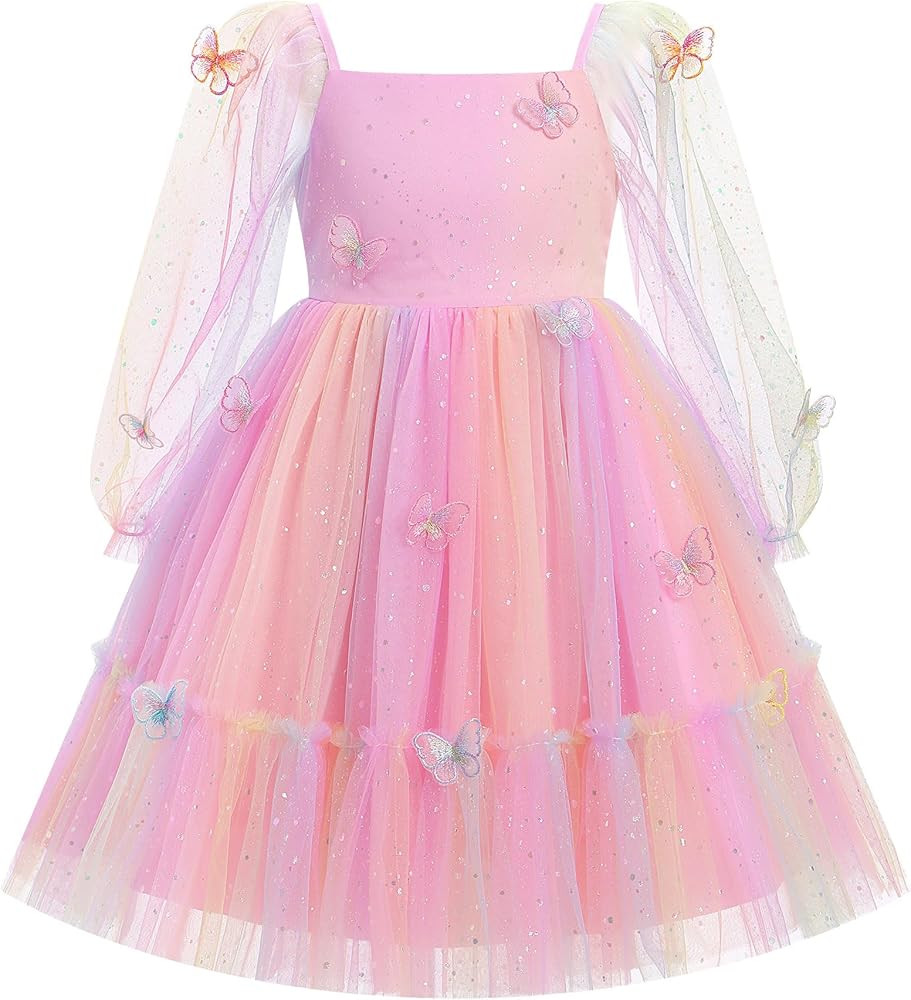 OBEEII Girls Birthday Party Long Sleeve Star Glitters Tulle Tutu Dress Sequins Bowknot Princess P... | Amazon (US)