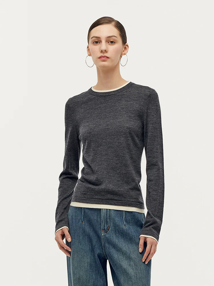 Machine Washable Wool Patchwork Women Knit Top - Smoke Grey / M | GOELIA