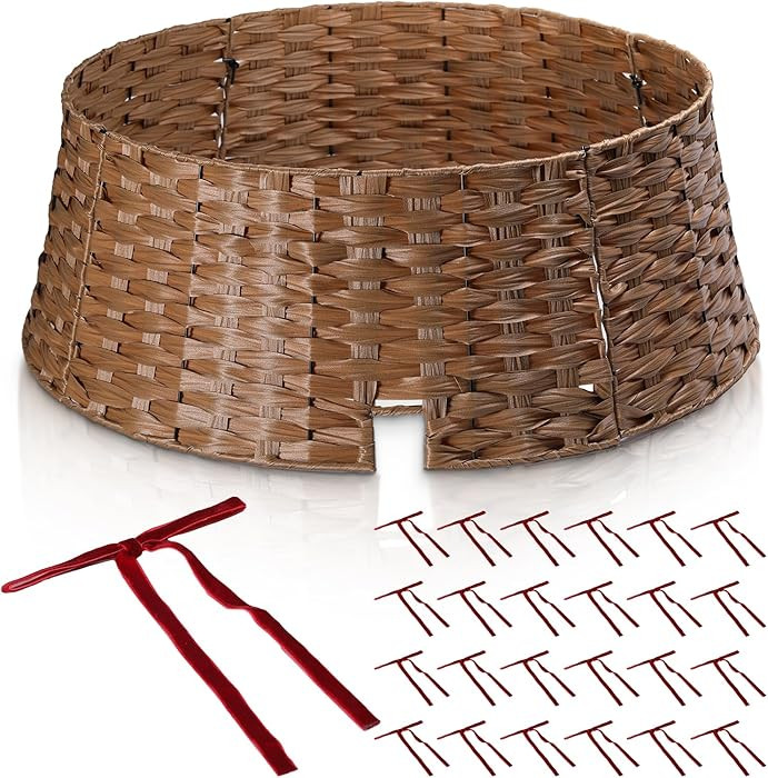 Wicker Christmas Tree Collar with 24Pcs Velvet Christmas Tree Bows,Cord Cut-Out,28" Tree Collar R... | Amazon (US)