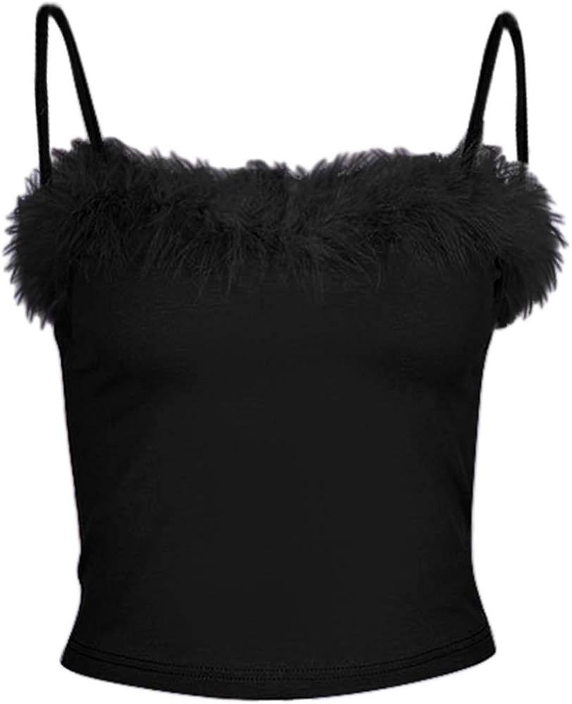 HitZoom Women Sexy Faux Fur Deco Spaghetti Strap Cami Slim Crop Top | Amazon (US)