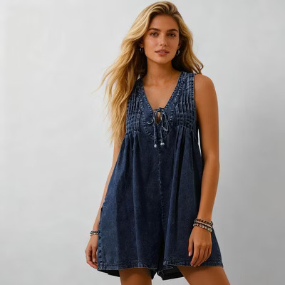 Women's Denim Romper - Sleeveless V-Neck Jumpsuit with Tie Front & Pockets Cherie Code Denim Blue L | Target