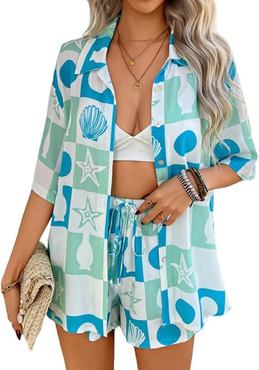 Sulozom Women's 2 Piece Beach Outfits Button Down Short Sleeve Shirts and High Waist Shorts Loung... | Amazon (US)