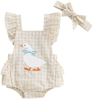 Baby Girl Clothes Embroidery Romper Ruffle Sleeveless Jumpsuit Bodysuit Headband Infant Plaid Out... | Amazon (US)