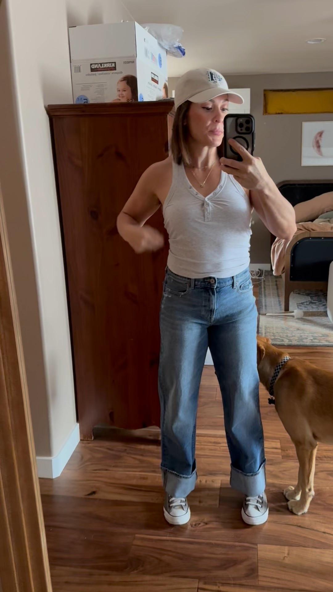 Ignore the unmade bed, dog toilet bowl brush chew toy and the empty diaper box. Focus on these cute and so comfy jeans! 

I am wearing a size 4 short and honestly, they are a little big, but I like this style a bit loose. I’d say runs big! I am 5’3 and 145lbs. I usually wear a 4 or a 6. 

Top has a built in shelf bra and is also comfy and on sale for $20. I got a size M! 

I’m obsessed with this hat, but I know not everyone here is a d-backs fan like me! 

#LTKOver40 #LTKPetite