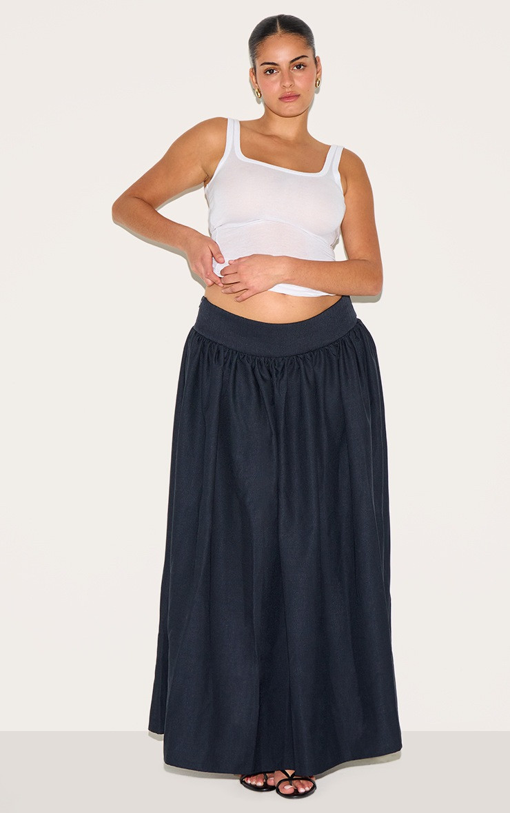 Plus Indigo Blue Wash Woven Drop Waist Rib Panel Maxi Skirt | PrettyLittleThing US