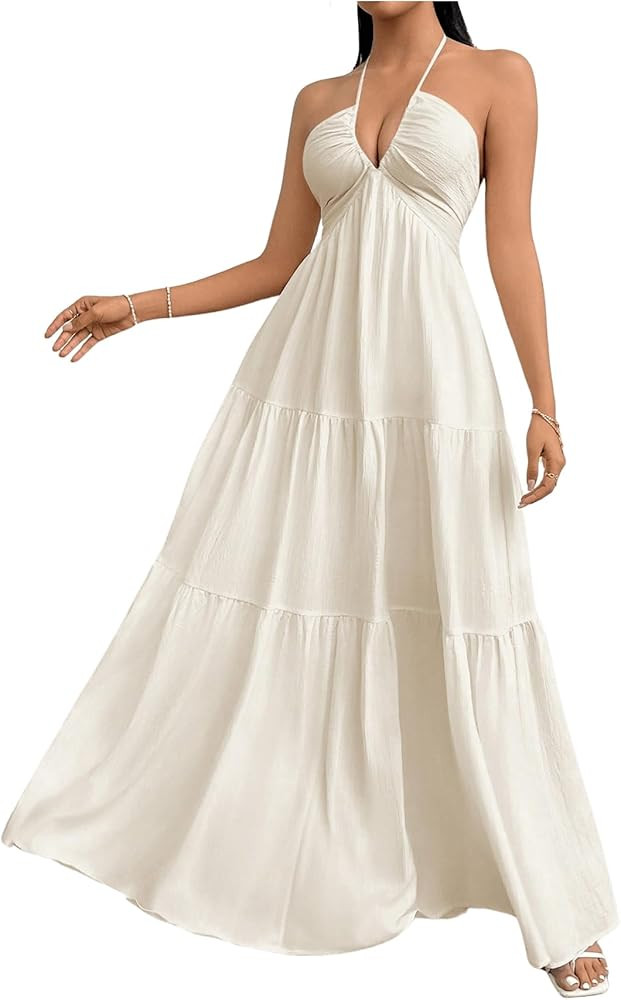 SHENHE Women's Deep V Neck Tie Knot Backless Halter Dress A Line Flowy Ruffle Maxi Dress | Amazon (US)