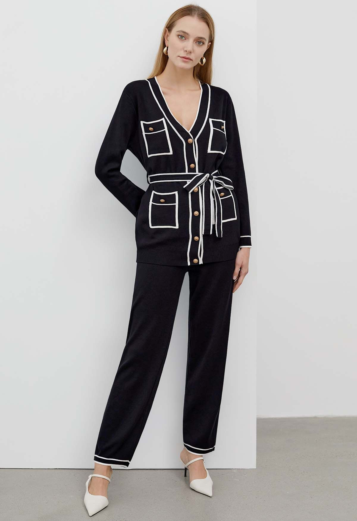 Contrast Edge Buttons Knit Cardigan and Pants Set in Black | Chicwish