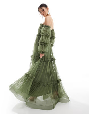 Lace & Beads off-shoulder tulle maxi dress in green | ASOS (Global)
