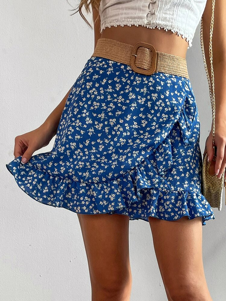 Ditsy Floral Print Ruffle Trim Wrap Skirt Without Belt | SHEIN