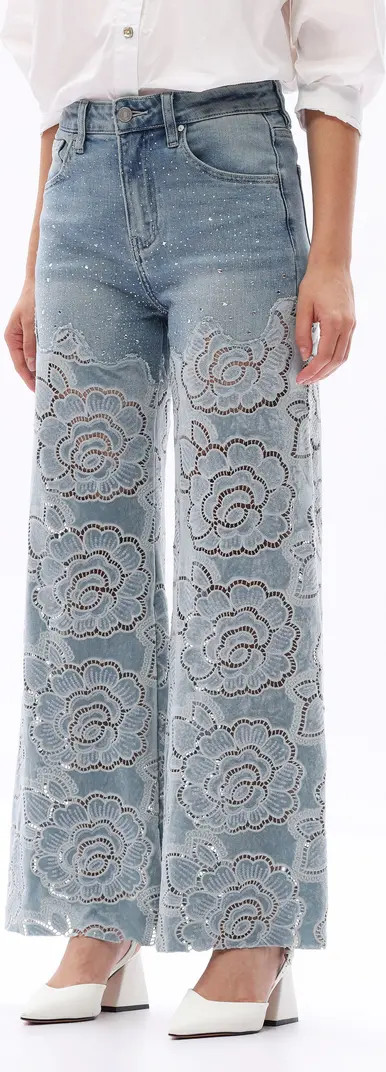 Rhinestone High Waist Wide Leg Eyelet Jeans | Nordstrom
