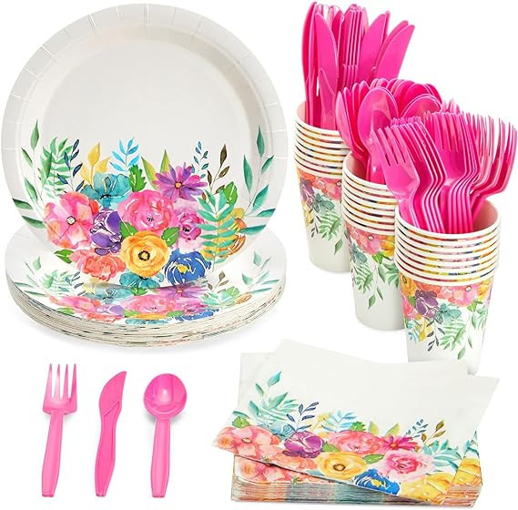 144-Piece Tea Party Supplies - Floral Paper Plates, Napkins, Cups and Cutlery for Bridal Shower, ... | Amazon (US)