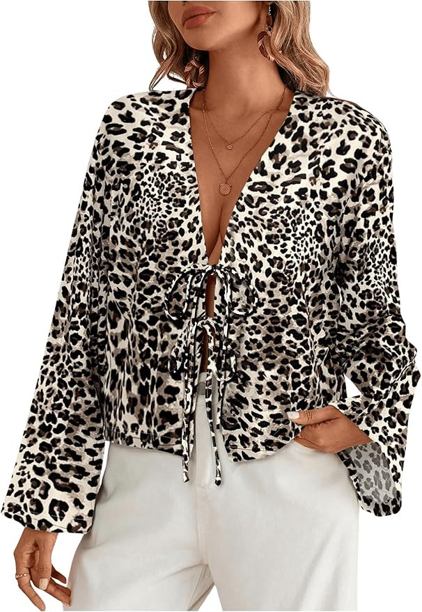 Milumia Women's Casual Leopard Print Bow Tie Bell Long Sleeve Blouses Shirts Top | Amazon (US)