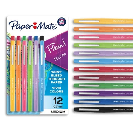 Paper Mate Flair Felt Tip Pens, Medium Point (0.7mm), Assorted Colors, 12 Count | Walmart (US)