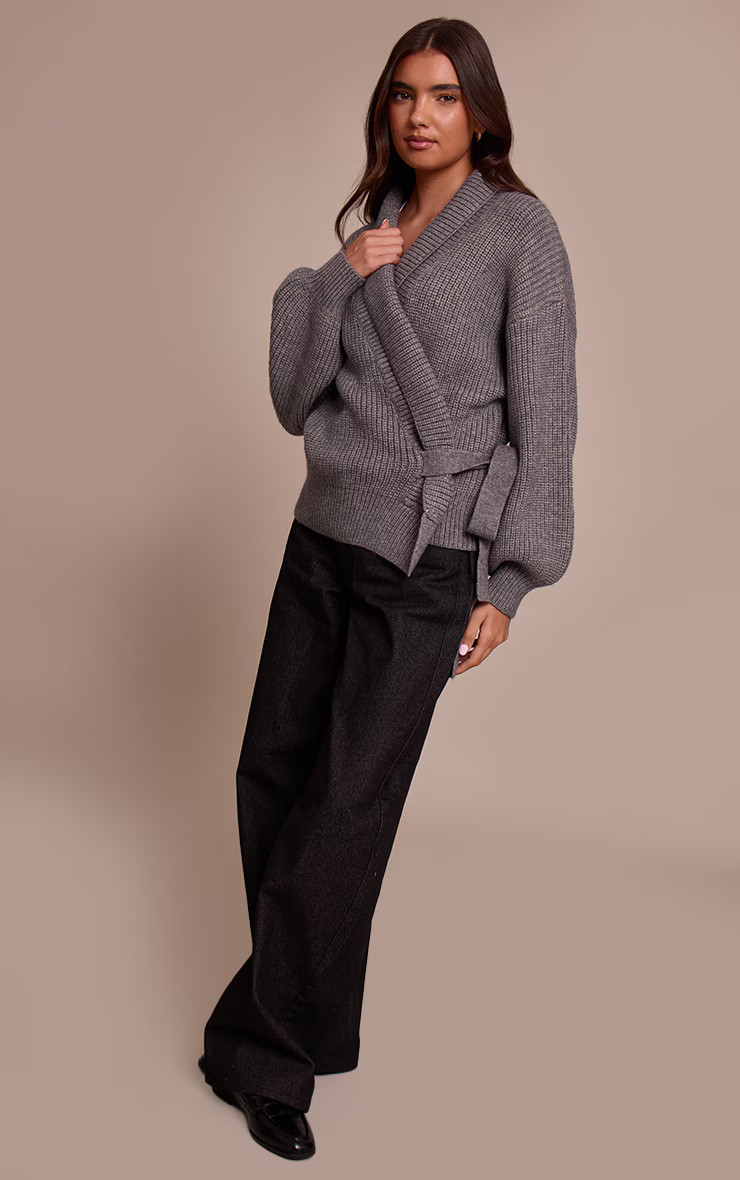 Grey Chunky Knit Rib Wrap Cardigan | PrettyLittleThing UK