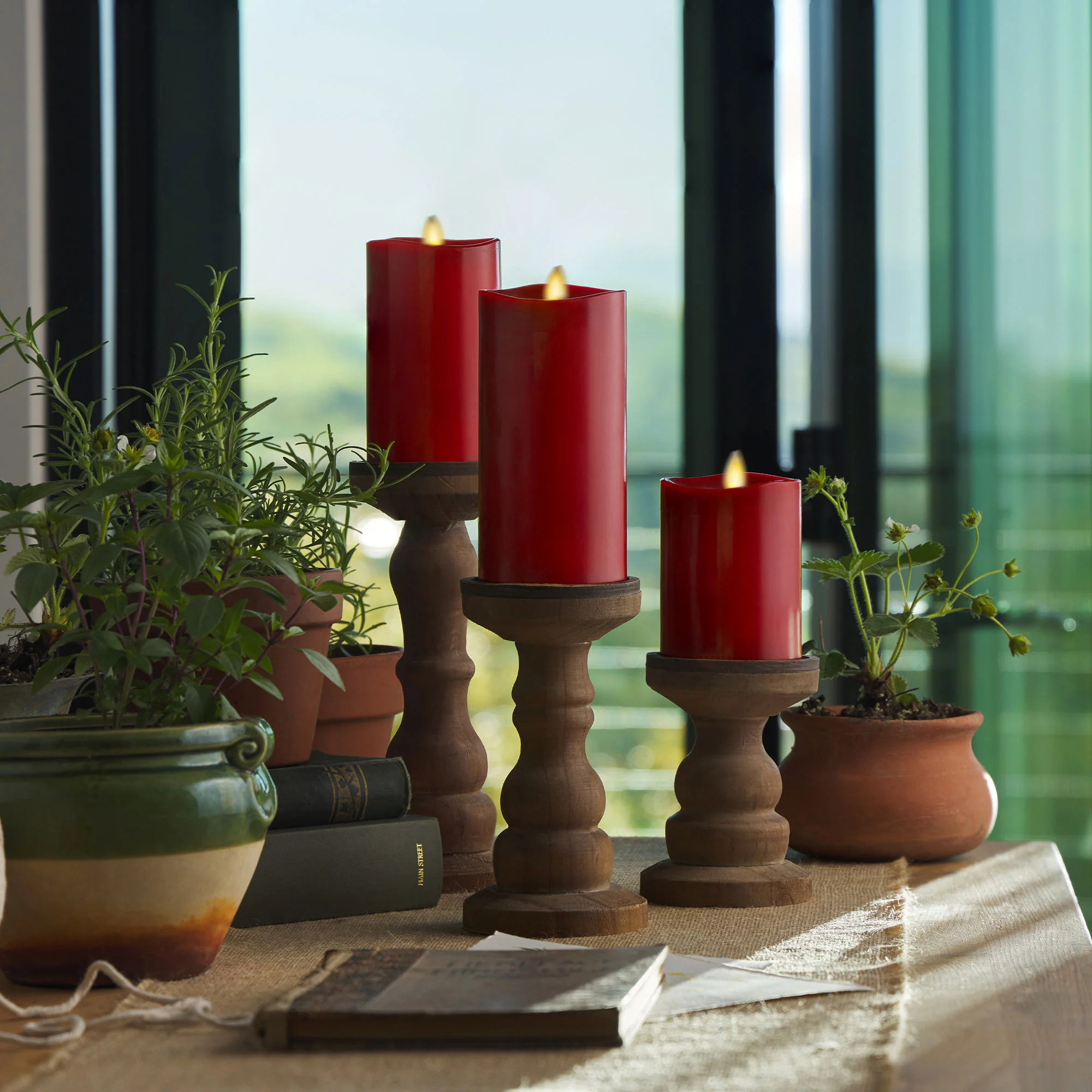 Burgundy Flameless Candle Pillars with Remote - Melted Top - Set of 3 | Luminara