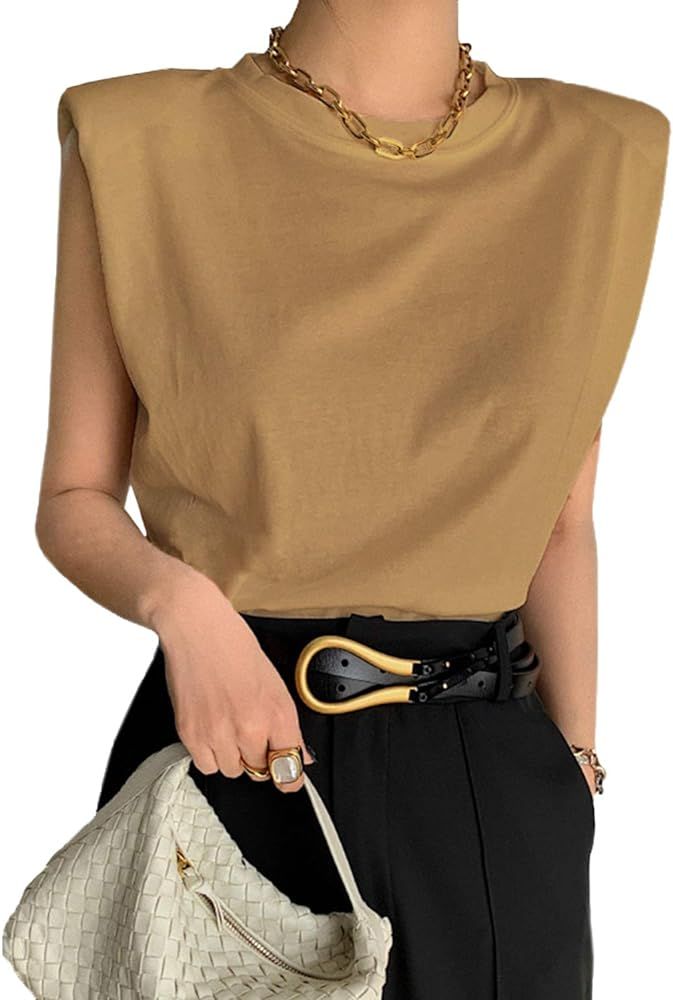 Meladyan Women’s Solid Cotton Padded Shoulder Sleeveless Tee Vest Crew Neck Loose Tank Tops | Amazon (US)