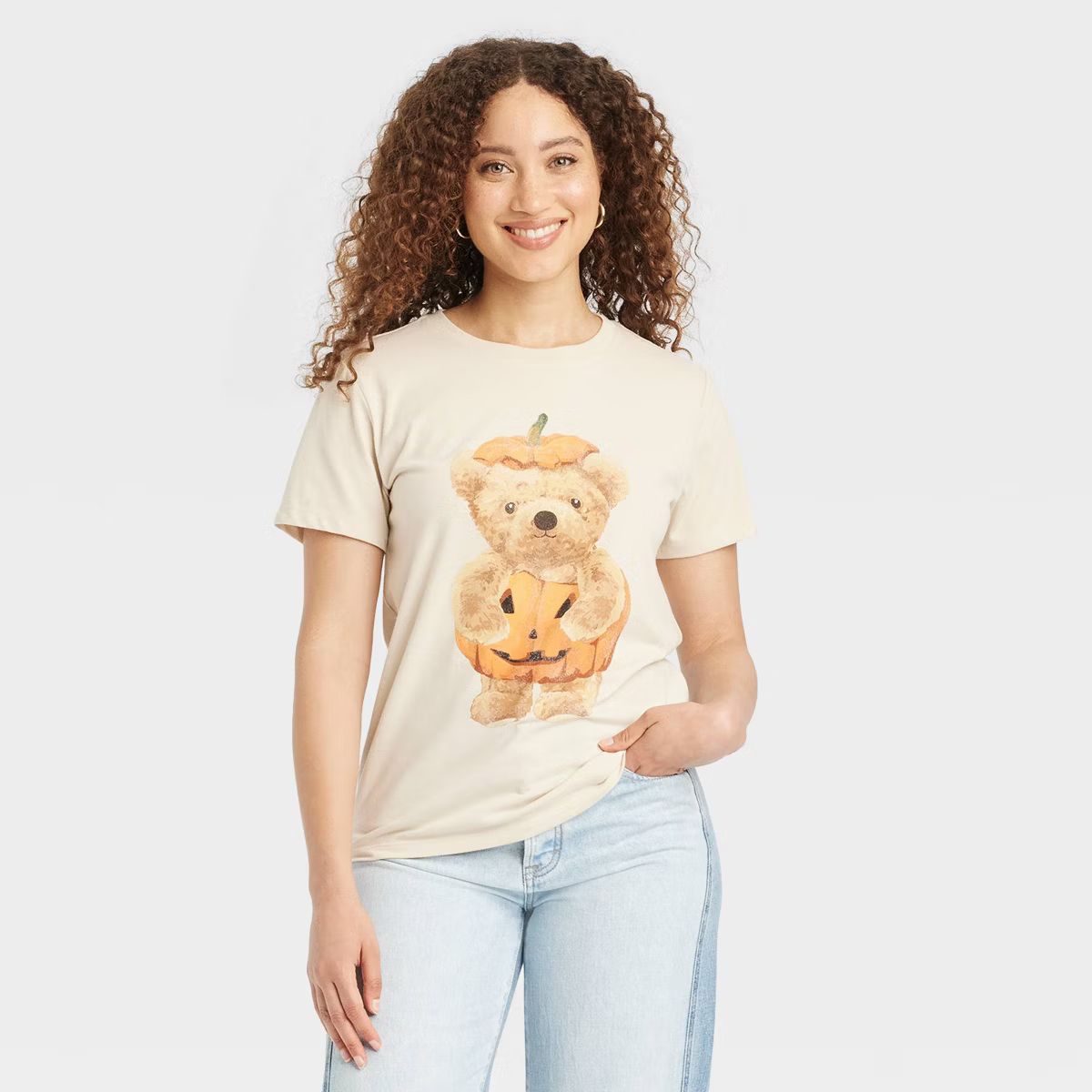 Women's Teddy Bear Pumpkin Short Sleeve Graphic Boyfriend T-Shirt - Beige M | Target