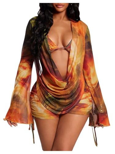 RoseSeek Women's 3 Piece Outfits Beach Vacation Clothes Tie Dye Mesh Cover Up Bikini Tops with Shorts Set Orange Small | Amazon (US)