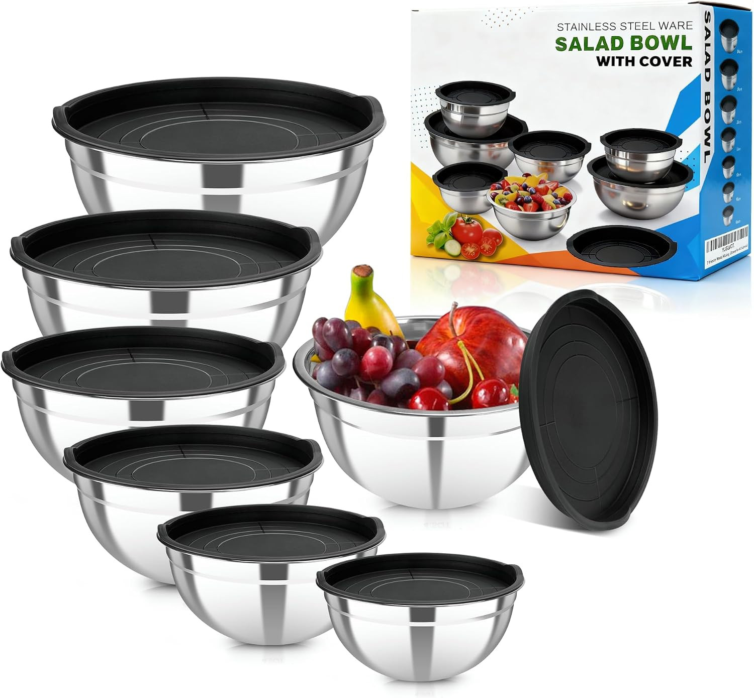 Stainless Steel Mixing Bowls with Lids, 7-Piece Nesting Bowl Set | Amazon (US)
