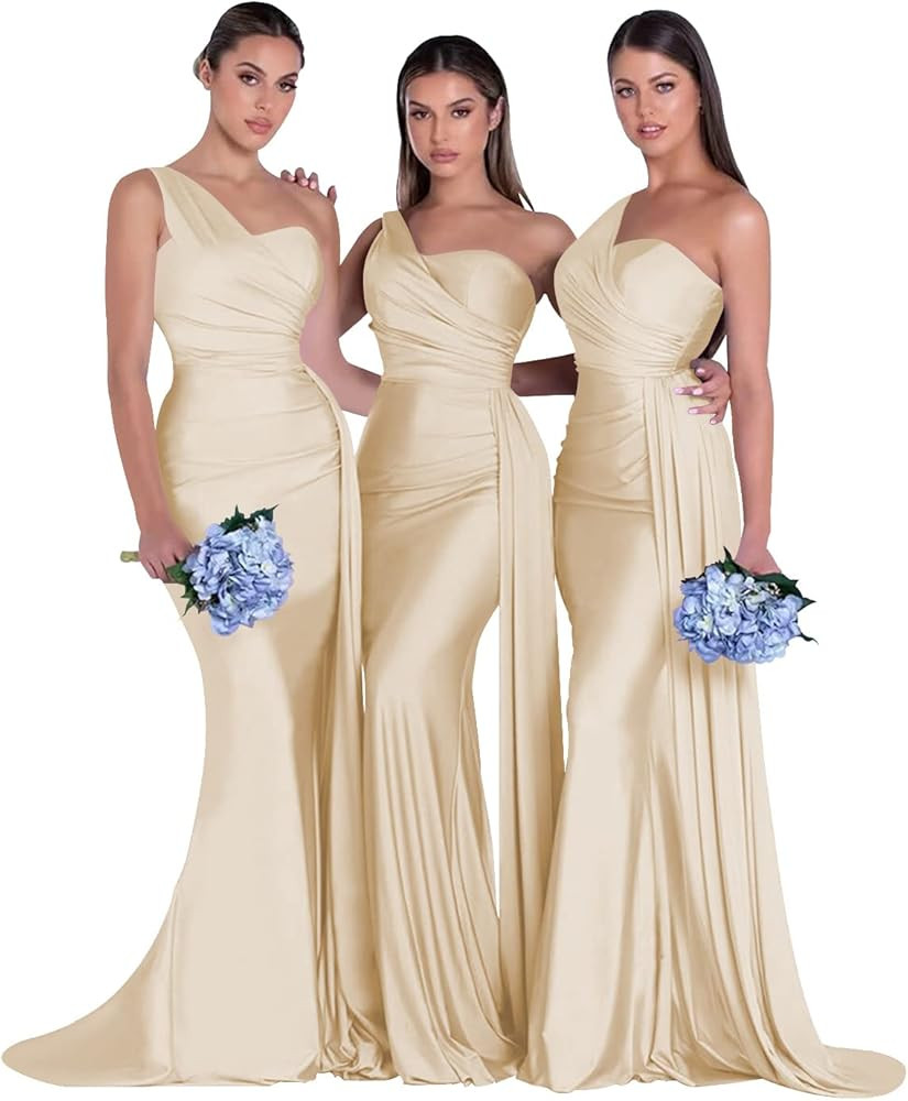 OYI Women's One Shoulder Mermaid Bridesmaid Dresses Long Ruched Bodycon Satin Formal Prom Gowns Y... | Amazon (US)
