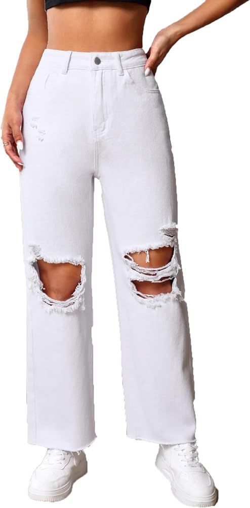 SweatyRocks Women's High Waist Ripped Distressed Cropped Jeans Straight Leg Denim Pants | Amazon (US)