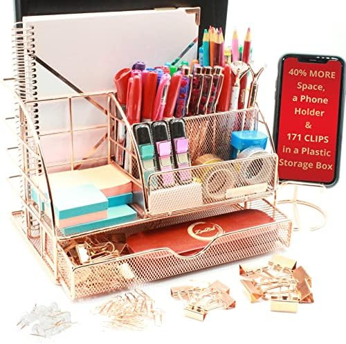 OFFICE ALMIGHTY Rose Gold Desk Organizer for Women: Large 7 in 1 Mesh Metal Supplies Organizer wi... | Amazon (US)