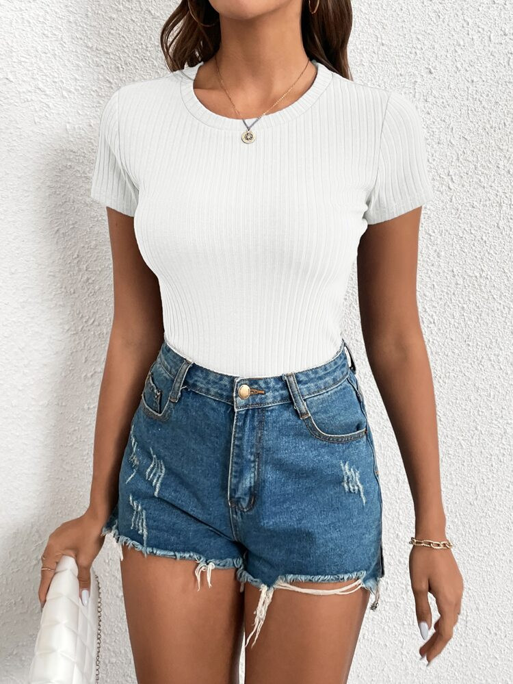 Solid Rib-knit Crew Neck Tee | SHEIN