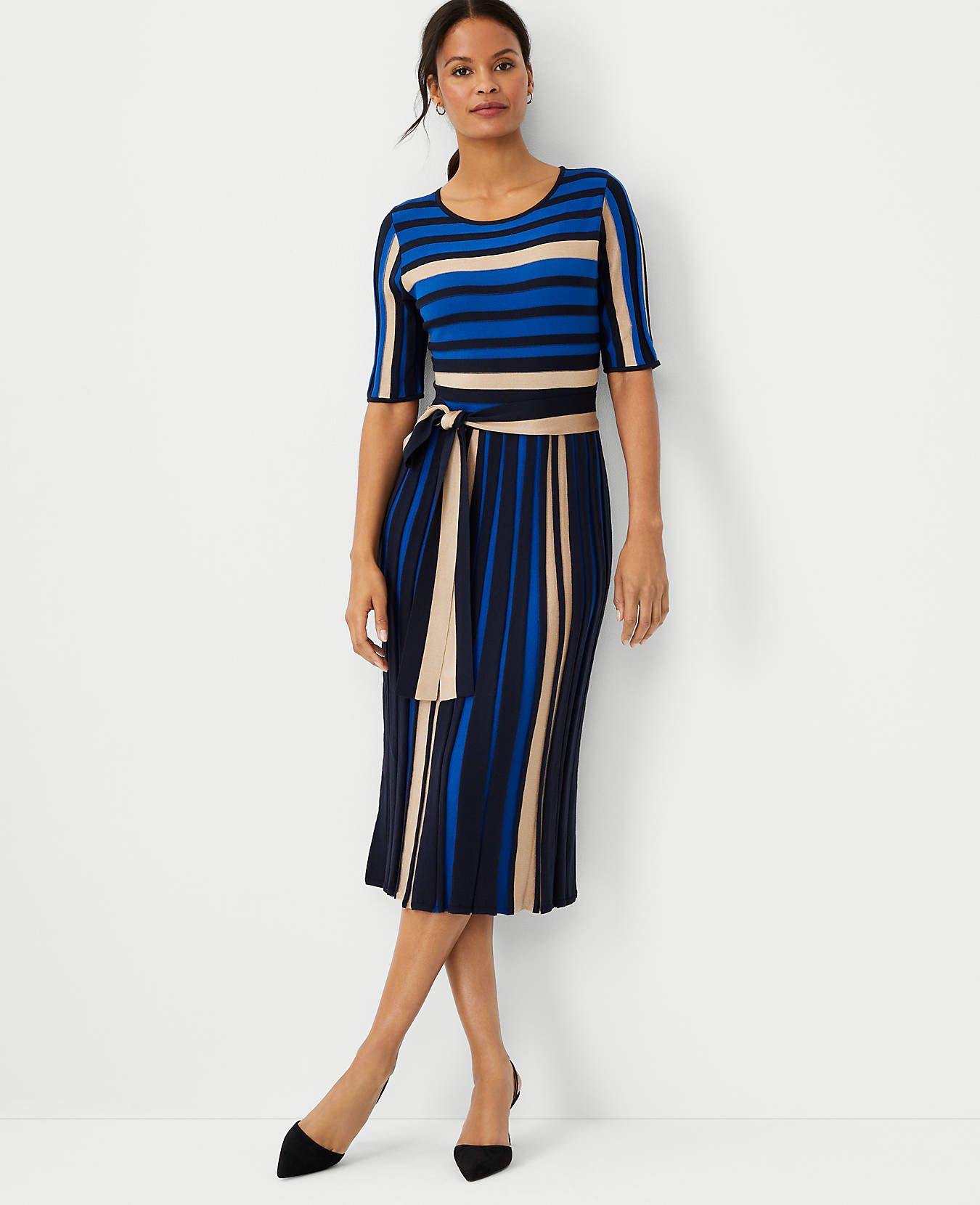 Stripe Belted Flare Sweater Dress | Ann Taylor (US)