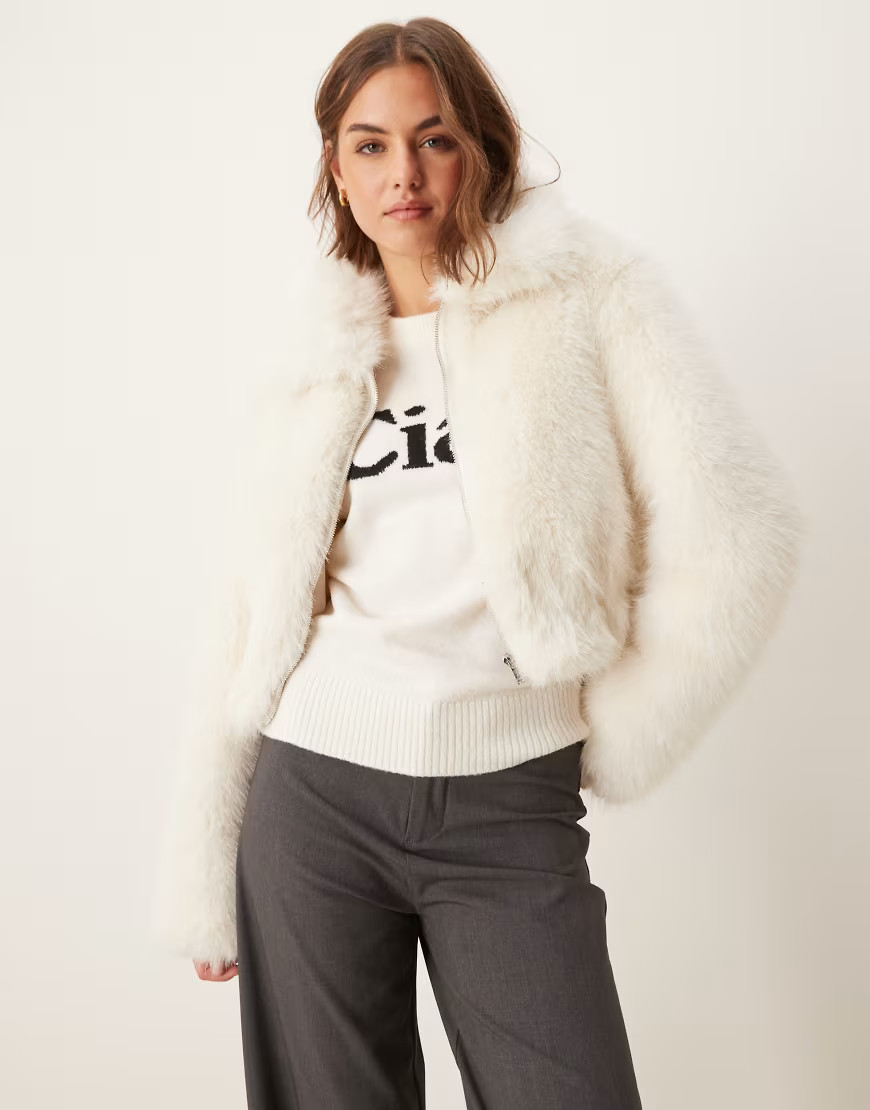 ASOS DESIGN cropped faux fur bomber jacket in cream-Black | ASOS (Global)