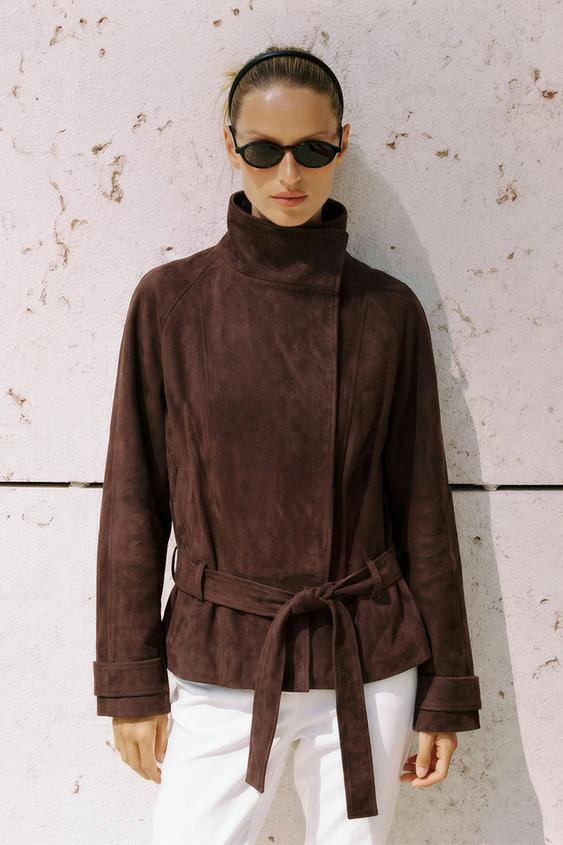 Zara - Belted Suede Effect Jacket - Brown - L - Woman | Zara US