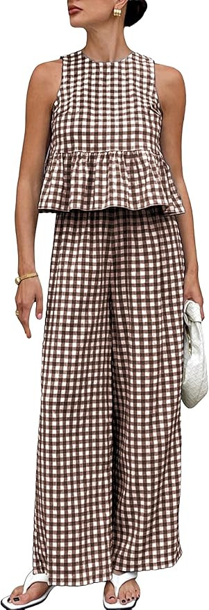 Womens 2 Piece Outfits Sets Gingham Plaid Sleeveless Ruffle Tank Tops and Wide Leg Pants Summer M... | Amazon (US)