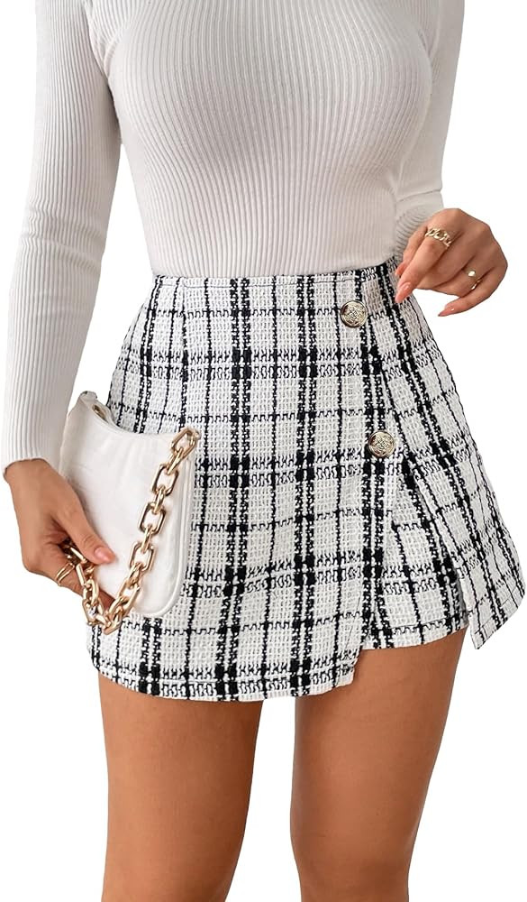 SOLY HUX Women's Plaid Print Tweed Skort High Waisted Button Elegant Skirt Shorts | Amazon (US)