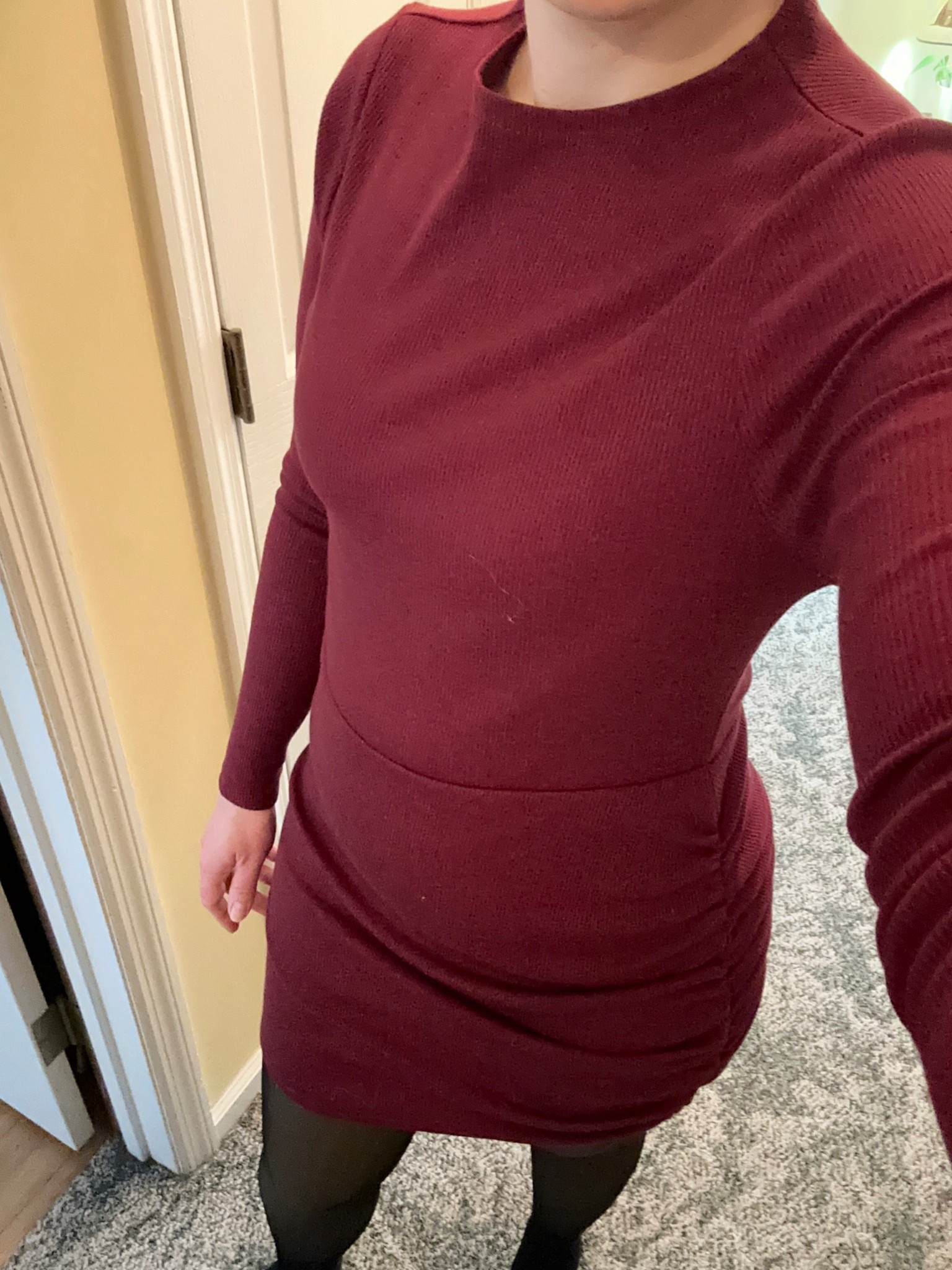 Burgundy red long sleeve dress with ruched detail, so cute and flattering! Paired with fleece lined tights. 

#LTKSeasonal #LTKgrwm #LTKootd