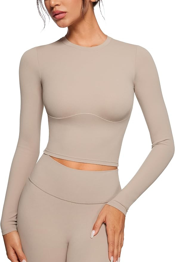 Womens Long Sleeve High Round Neck Crop Yoga Shirts Workout Slim Fit Casual Yoga Gym Tops | Amazon (US)
