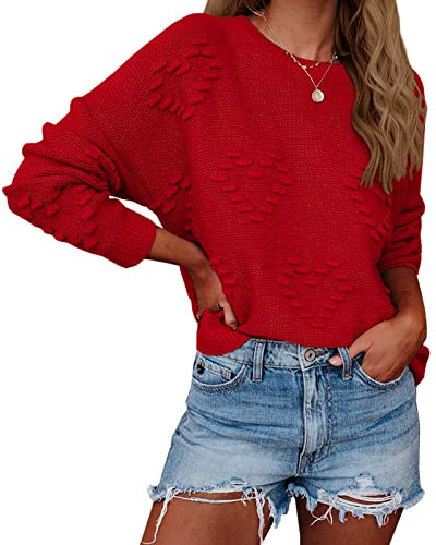 Tutorutor Womens Cute Heart Love Print Sweater Oversized Crew Neck Dot Ball Loose Knitted Spring Jumper Pullover Dark Red | Amazon (US)
