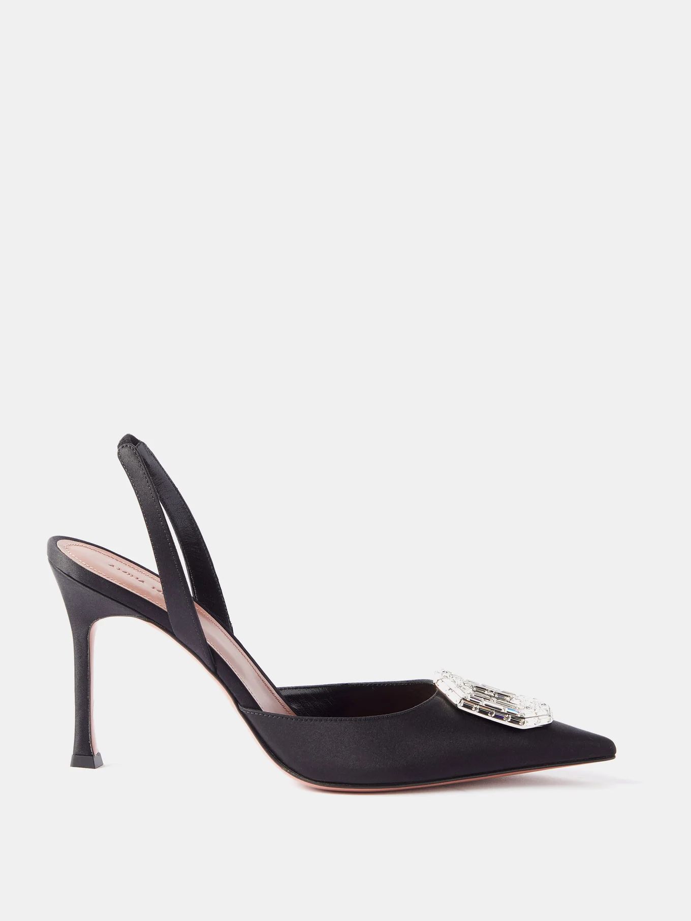 Camelia 90 crystal-brooch satin slingback pumps | Amina Muaddi | Matches (US)