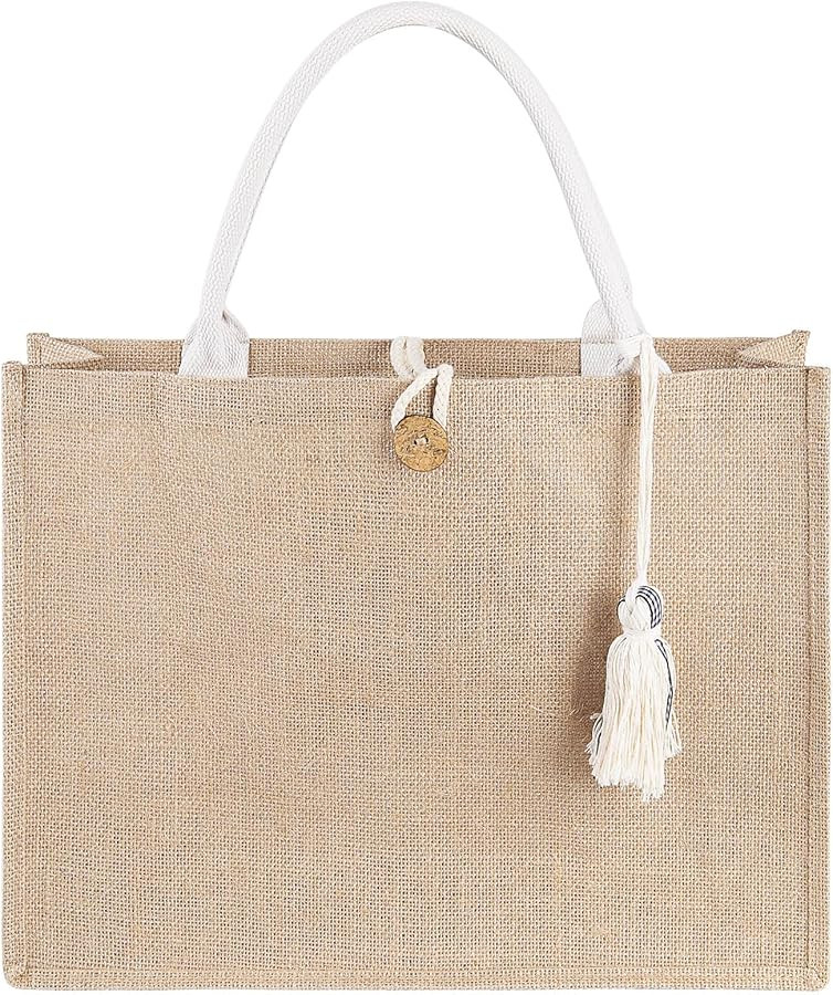 Beach Bag for Women, Straw Beach Tote Bag, Vinyl Lining Tassel Pocket, Jute Beach Bag for Vacatio... | Amazon (US)
