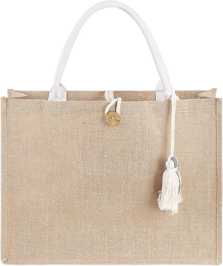 Beach Bag for Women, Waterproof Beach Bag, Vinyl Lining Tassel Pocket, Jute Tote Bag for Vacation... | Amazon (US)
