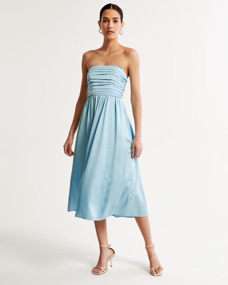 Satin Emerson Ruched Strapless Midi Dress | Abercrombie & Fitch (US)