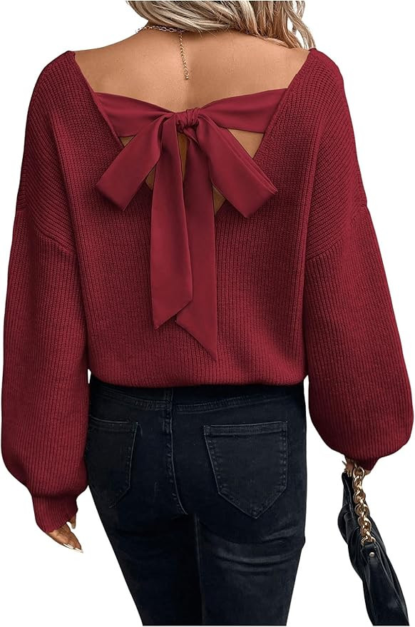 GORGLITTER Women's Bow Fall Sweaters 2025 Cable Knit Chunky Oversized Long Sleeve Backless V Neck... | Amazon (US)