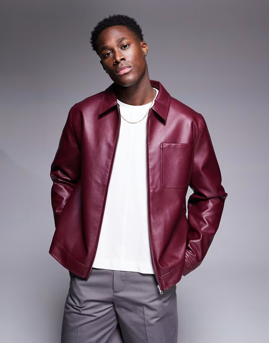 ASOS DESIGN faux leather oversized coach jacket in burgundy-Red | ASOS (Global)