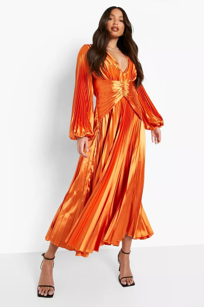 Tall Satin Pleated Midi Occasion Dress | Boohoo.com (US & CA)