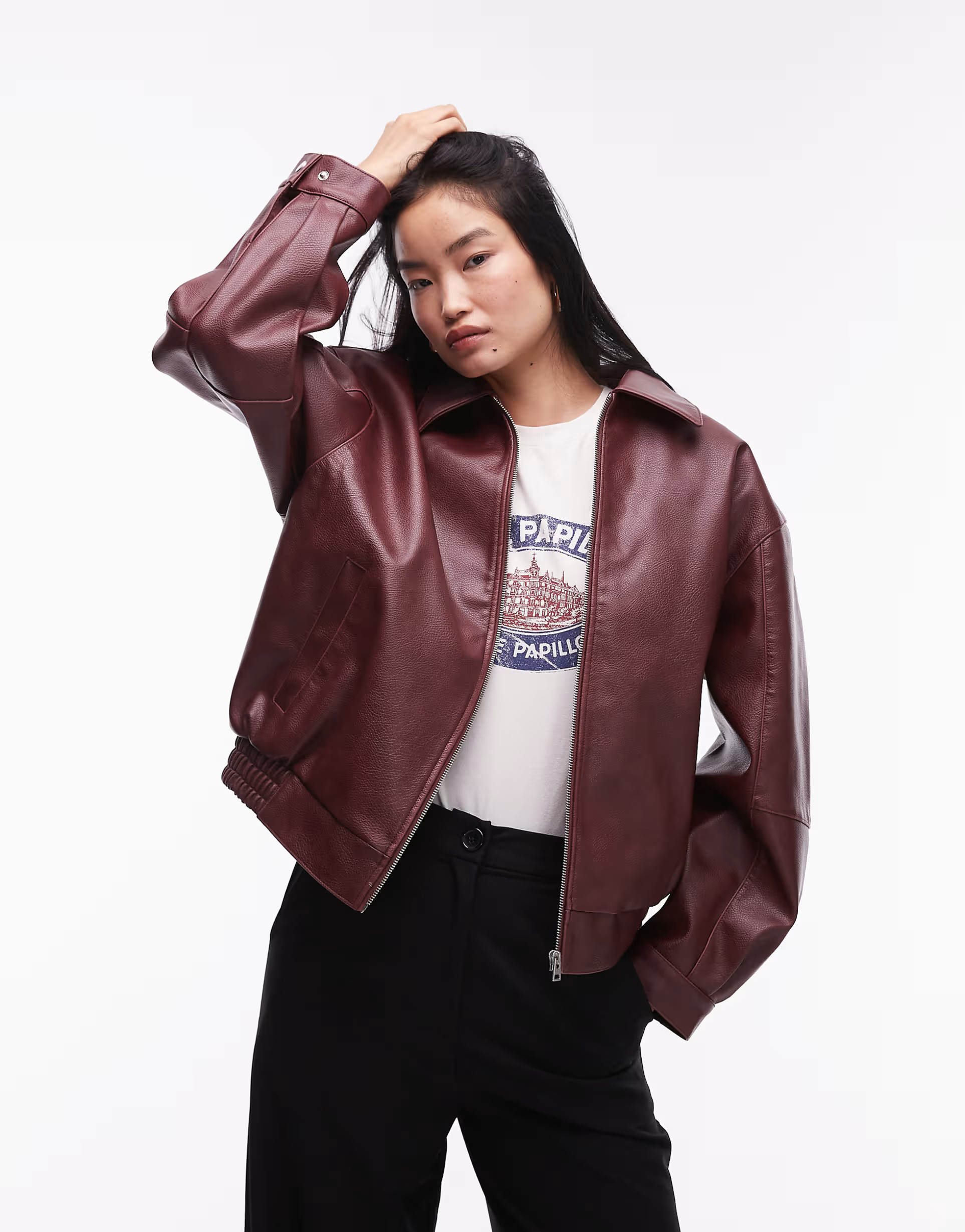 Topshop grain faux leather oversized bomber jacket in burgundy | ASOS (Global)