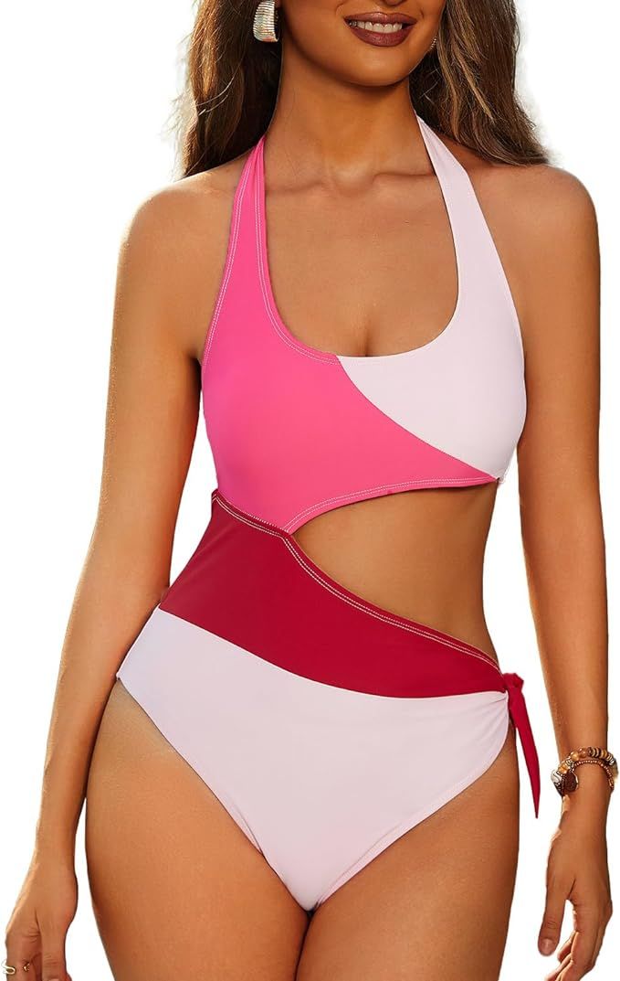 Women One Piece Swimsuit Cut Out Monokini Tummy Control Color Block Swimwear Bunny Tie Leopard Pr... | Amazon (US)